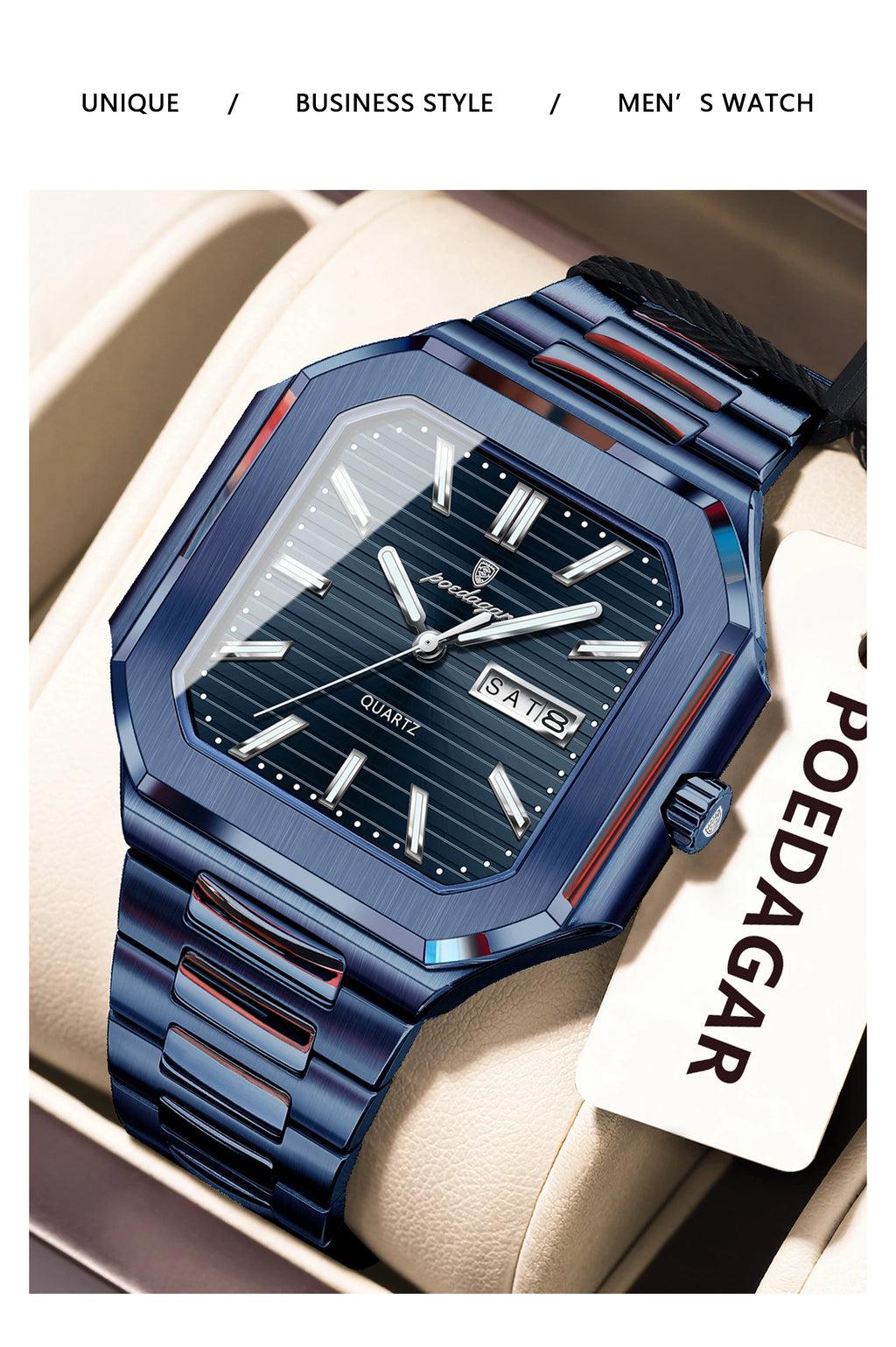 POEDAGAR Top Luxury Brand Male Watch Waterproof Luminous Date Week Quartz Men's Watches Stainless Steel Fashion Square Men Watch