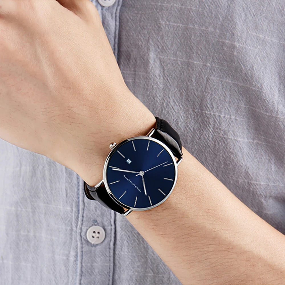 Men Dropshipping Wristwatch Hannah Martin Japan Movement 40mm Blue Minimalist Casual Leather Top Brand 3Bar Luxury Watch for Men