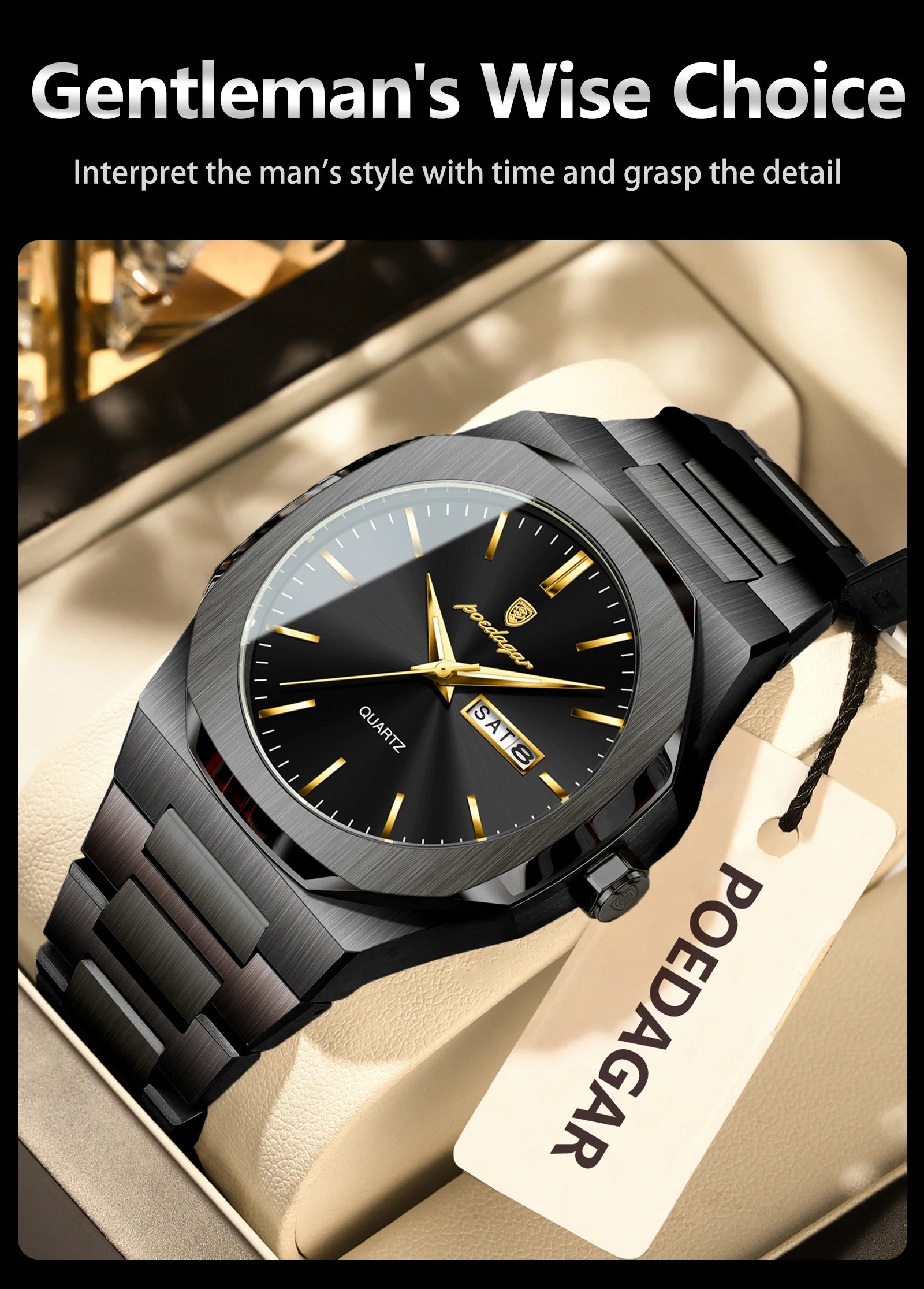 POEDAGAR Fashion Brand Male Watch Waterproof Luminous Stainless Steel Watches For Men Date Week Casual Quartz Men's Clock Reloj