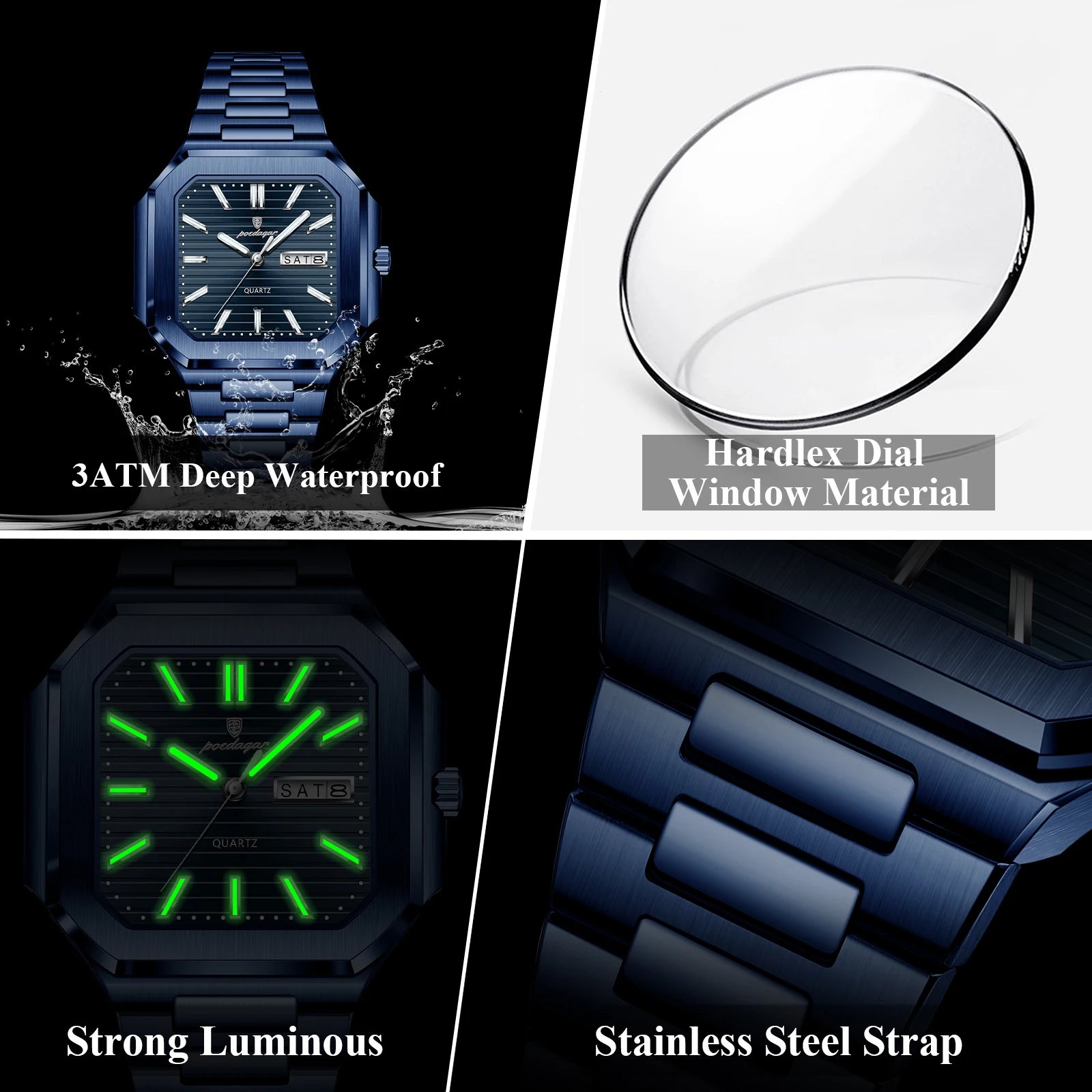 POEDAGAR Top Luxury Brand Male Watch Waterproof Luminous Date Week Quartz Men's Watches Stainless Steel Fashion Square Men Watch