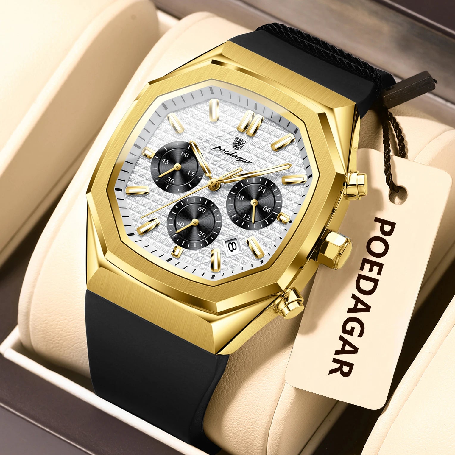 POEDAGAR Business Men's Wristwatch Chronograph Date Silicone Strap Man Watch Waterproof Luminous Military Quartz Watches For Men