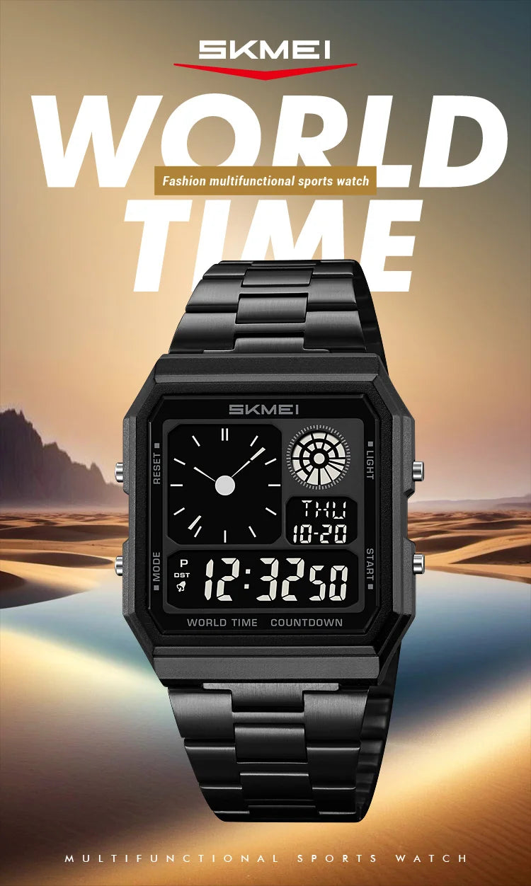 Skmei Electronics Sports Watches for Mens Classical Analog Digital Display Multiple Time Zone LED Waterproof Male 5 Alarm Clock