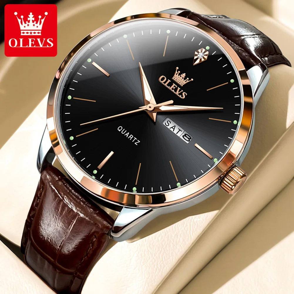 OLEVS 2935 Men's Watch Dual Calendar Waterproof Luminous Quartz Watch For Men 43mm Big Dial Leather Fashion Business Wristwatch