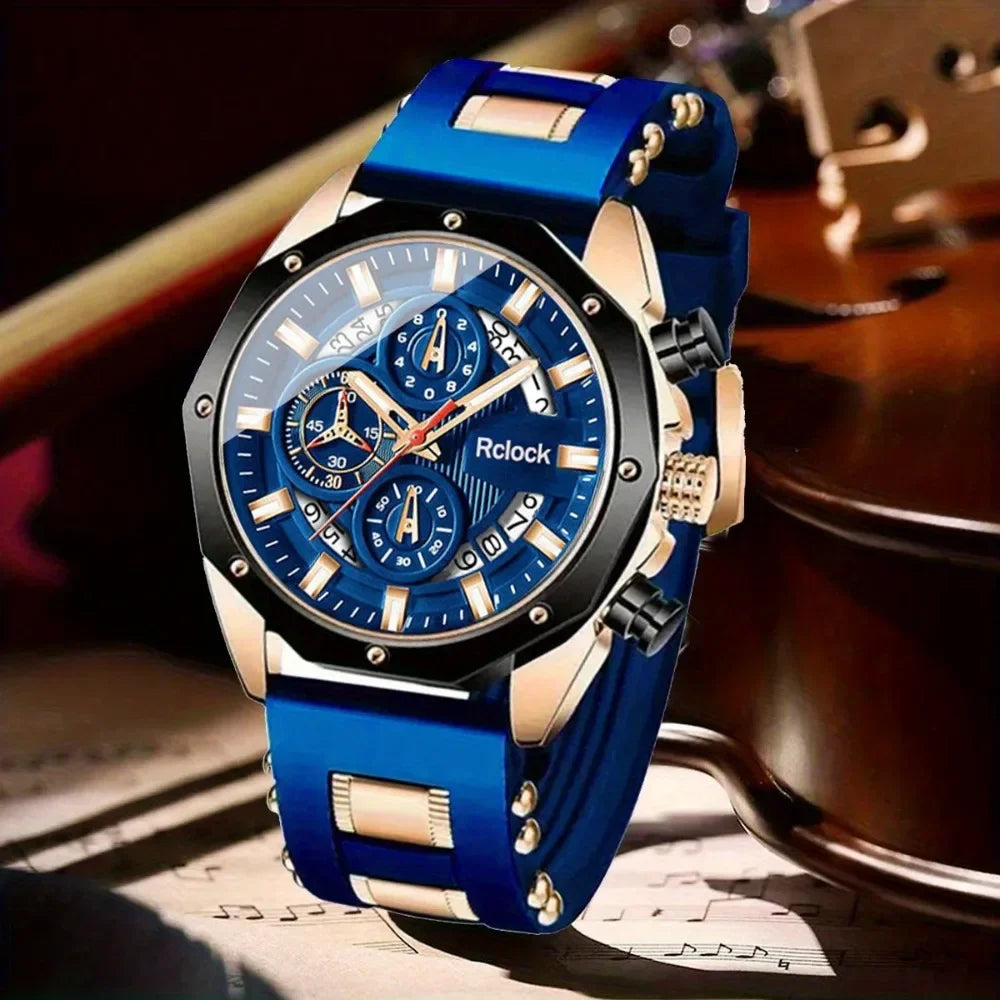[Fashion Men's Quartz Watch ] 2pcs Casual Sports Men Watch Silicone Strap, Calendar Display, Ideal Men's Valentine's Day,