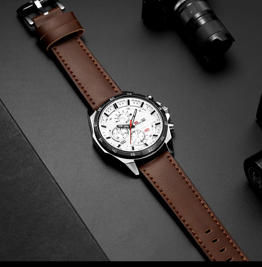 Man Sports Watches Fashion Racing Series 46mm Black Leather Clock VA VA VOOM Quartz Movement 3Bar Waterproof Wrist Watch for Men