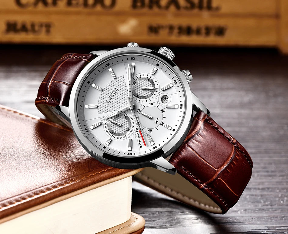 LIGE New Brown Leather Watch for Men Fashion Top Brand Luxury Men's Quartz Wristwatches Casual Waterproof Luminous Chronograph