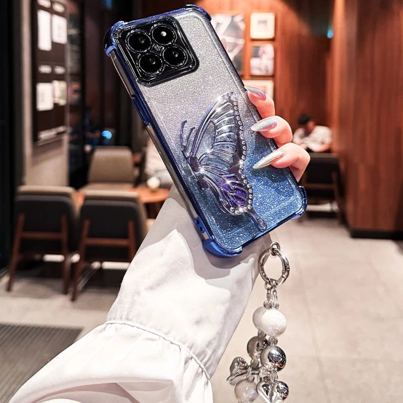 Shockproof Plating Glitter Butterfly Bracket Bracelet Case for iPhone 17 Air 16 15 14 13 12 11 17 Pro Max 16 Plus 16E Soft Cover