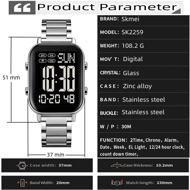 Skmei Men Digital Watches Luxury Stainless Steel Strap Dual Time Zone Man Sports Bracelet Watch 30M Waterproof Male Alarm Clock