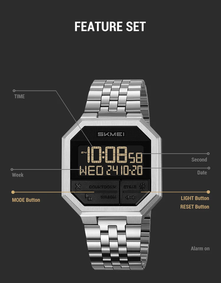 Skmei Luxury Steel Strap Digital Watches for Mens LED Light 50M Waterproof Fashion Sports Dual Time with Alarm Clock
