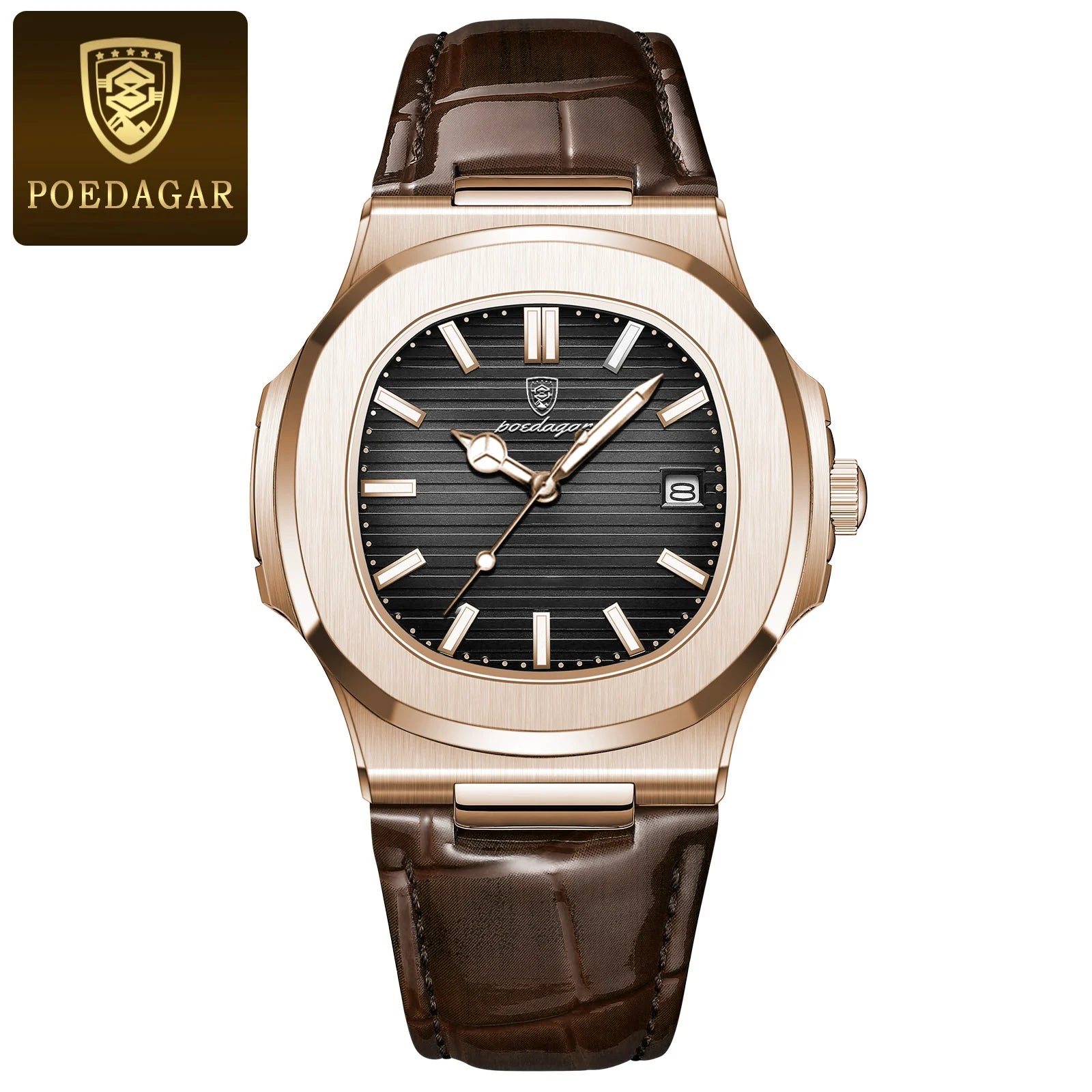 POEDAGAR Business Man Watch Date Waterproof Luminous Leather Classic Watches For Men High Quality Square Quartz Men's Wristwatch