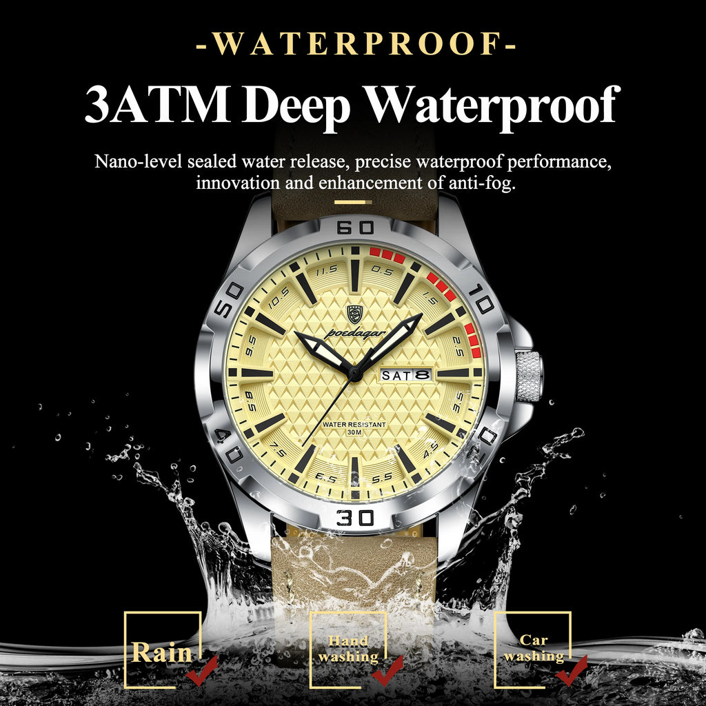 POEDAGAR Top Casual Sports Men Watch Waterproof Luminous Date Week Fashion Watch For Man Leather Classic Men's Quartz Wristwatch