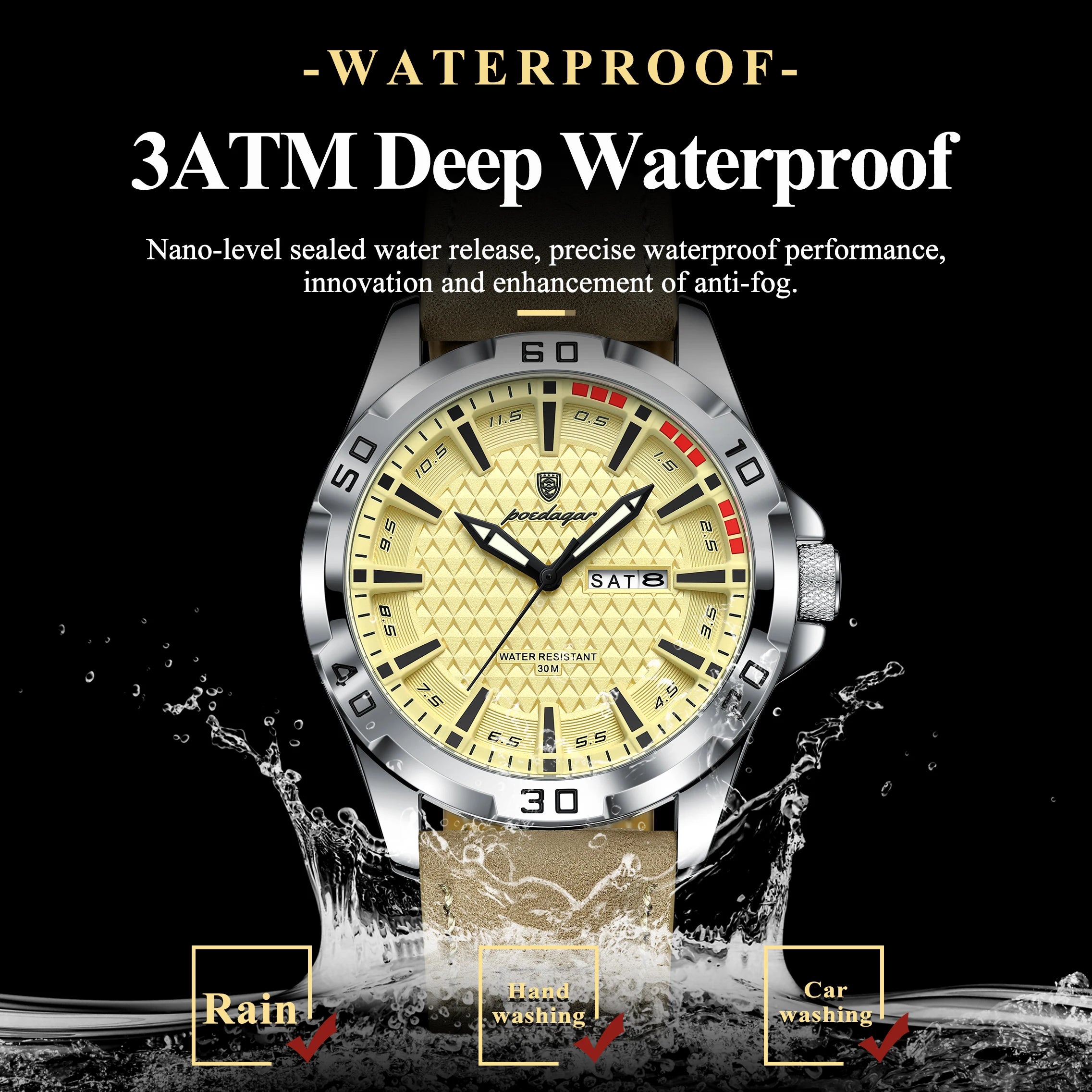 POEDAGAR Top Casual Sports Men Watch Waterproof Luminous Date Week Fashion Watch For Man Leather Classic Men's Quartz Wristwatch