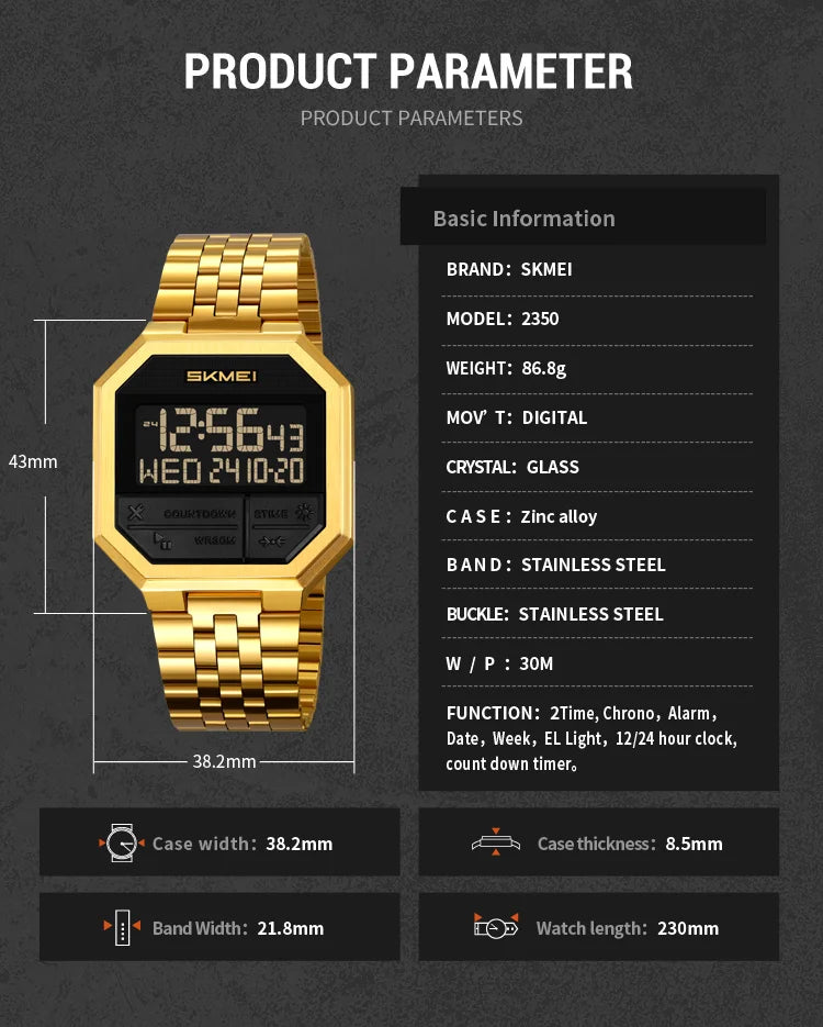 Skmei Luxury Steel Strap Digital Watches for Mens LED Light 50M Waterproof Fashion Sports Dual Time with Alarm Clock