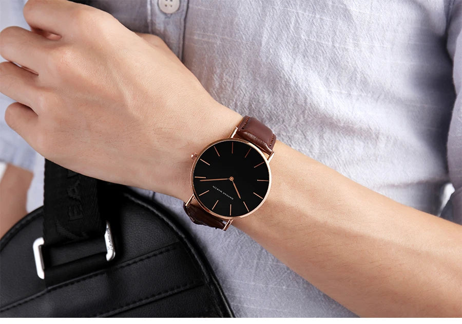 HANNAH MARTIN Brand Japan Quartz Movement Men's Waterproof Wrist Watches Fashion Luxury Ultra Thin Leather Creative Male Watches