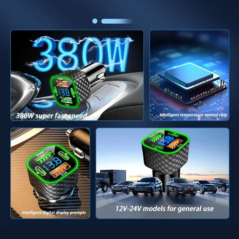 Lenovo carg SUPER FAST Car Charger 380W 4 in 1 USB Cigarette Lighter Adapter with QC3.0 All Cars Trucks SUV Universal Power Charging
