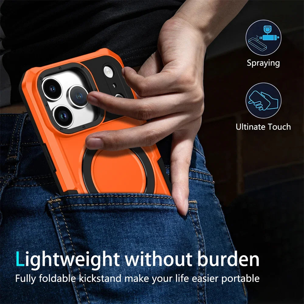 Luxury Anti-slip Frame Armor Magnetic Stand Phone Case For iPhone 17 Pro Max Plus Double Layer Protection Shockproof Back Cover