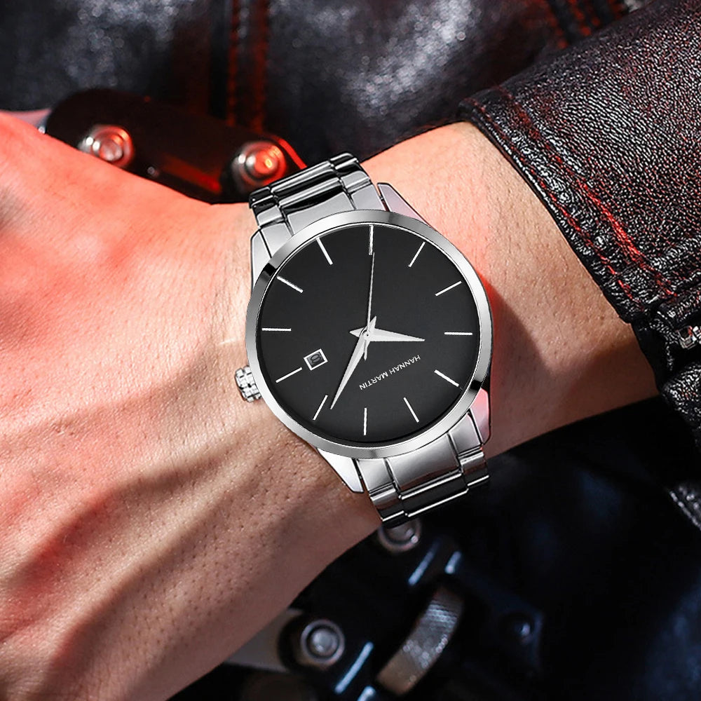 HANNAH MARTIN Men Watch 40mm Stainless Steel Quartz Fashion Business Full Black 3Bar Waterproof Sports Calendar Wristwatch reloj