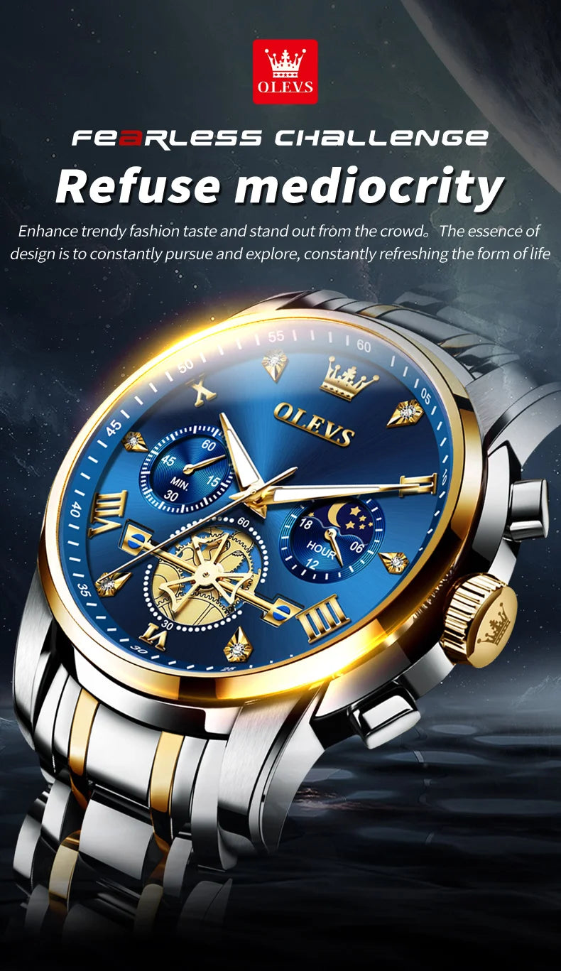 OLEVS 2856 Quartz Watch for Men Flywheel Skeleton Chronograph Moon Phase Multifunctional Stainless steel Men's Wristwatches