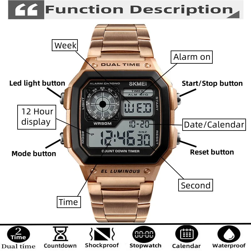 Skmei Dual Time Zone Men's Digital Sports Bracelet Watches Luxury Stainless Steel Band 50M Waterproof Led Chronograph Stop Watch