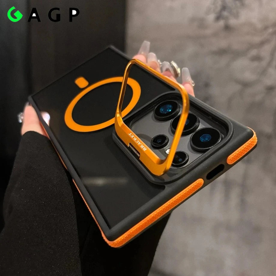 Flip Metal Lens Holder Case for Samsung Galaxy S26 Ultra S25 S22 S24 S23 Ultra FE S26 Edge Plus Magnetic Wireless Charging Cover