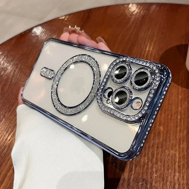 New Fashion Glitter Diamond Transparent Case For iPhone 17 16 15 14 13 11 12 Pro Max Funda Magnetic Wireless Charge Bumper Cover