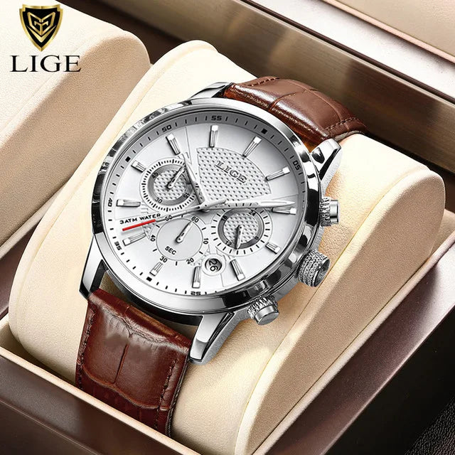 LIGE New Brown Leather Watch for Men Fashion Top Brand Luxury Men's Quartz Wristwatches Casual Waterproof Luminous Chronograph