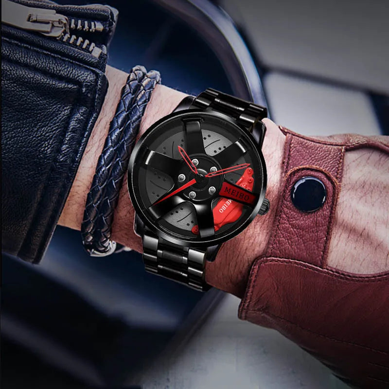 New Fashion Men Leather Watches Men Car Wheel Hub Stainless Steel Quartz Watch For Mens Military Sports Watch Relogio Masculino