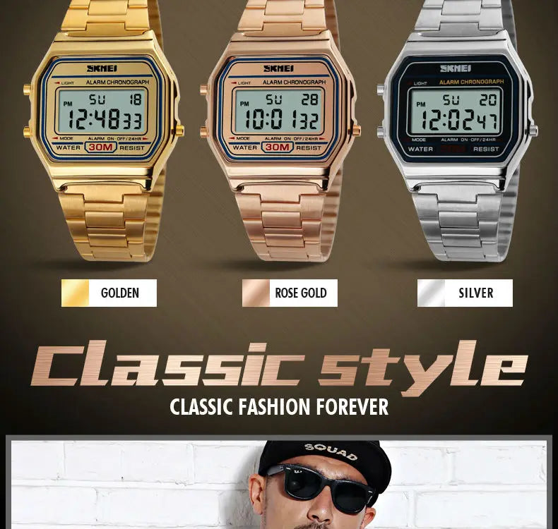 Skmei 3Bar Waterproof Digital Watch Reloj Hombre For Casual Sport 1123 Fashion Men Stainless Steel Strap LED Display Watches