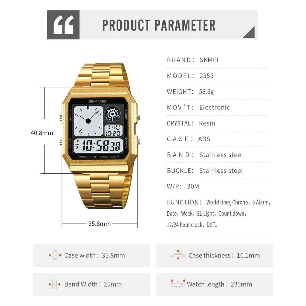 SKMEI 2353 Waterproof Outdoor Sport Stainless Steel Strip Wristwatches Reloj Hombre World Digital Electronic Watch For Men Women