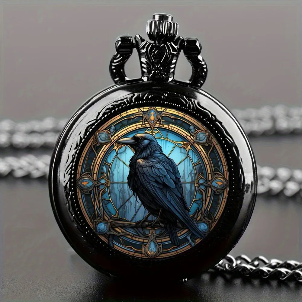 Vintage-Style Clever Crow Exquisite Pocket Watch - Quartz Movement, Round Dial, Unique Black Necklace Souvenir Gift For Children
