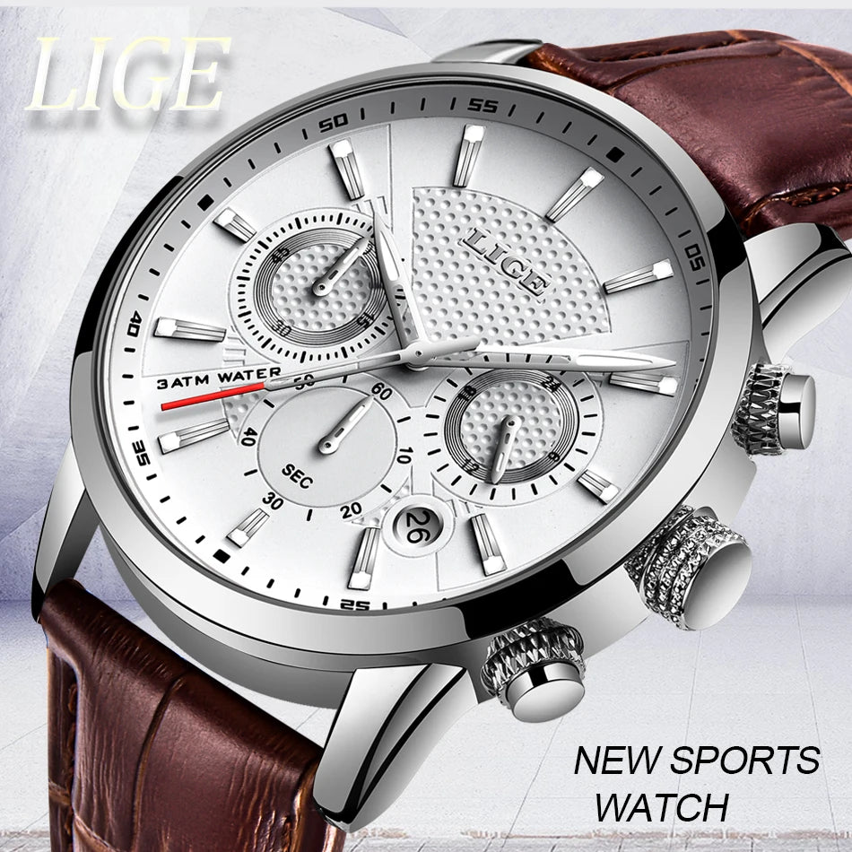 LIGE New Brown Leather Watch for Men Fashion Top Brand Luxury Men's Quartz Wristwatches Casual Waterproof Luminous Chronograph