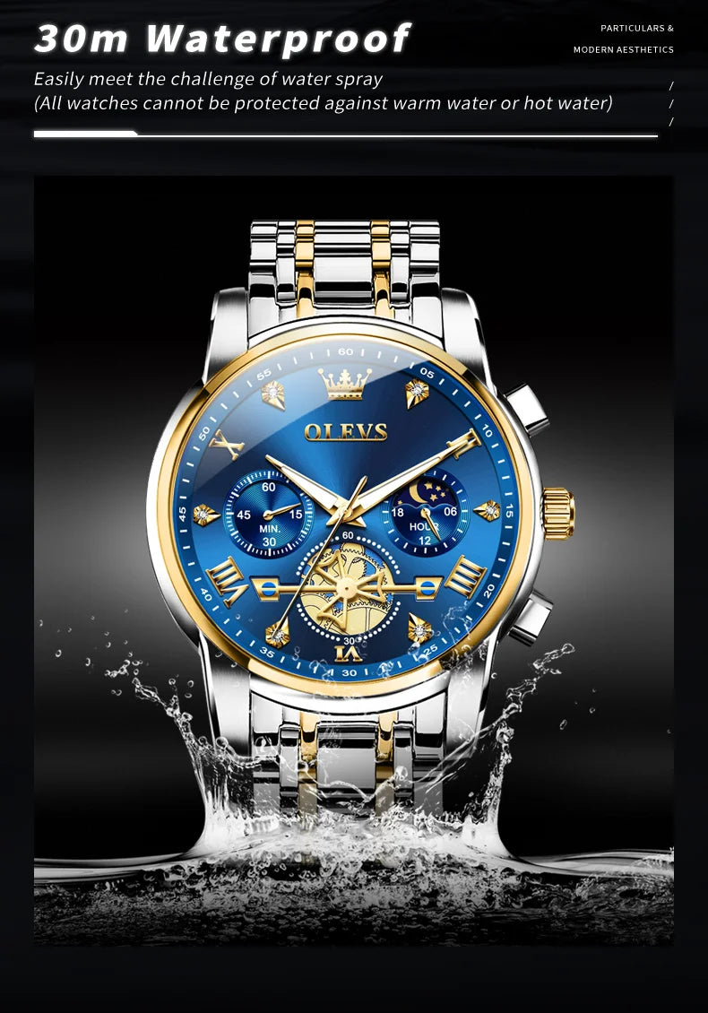 OLEVS 2856 Quartz Watch for Men Flywheel Skeleton Chronograph Moon Phase Multifunctional Stainless steel Men's Wristwatches