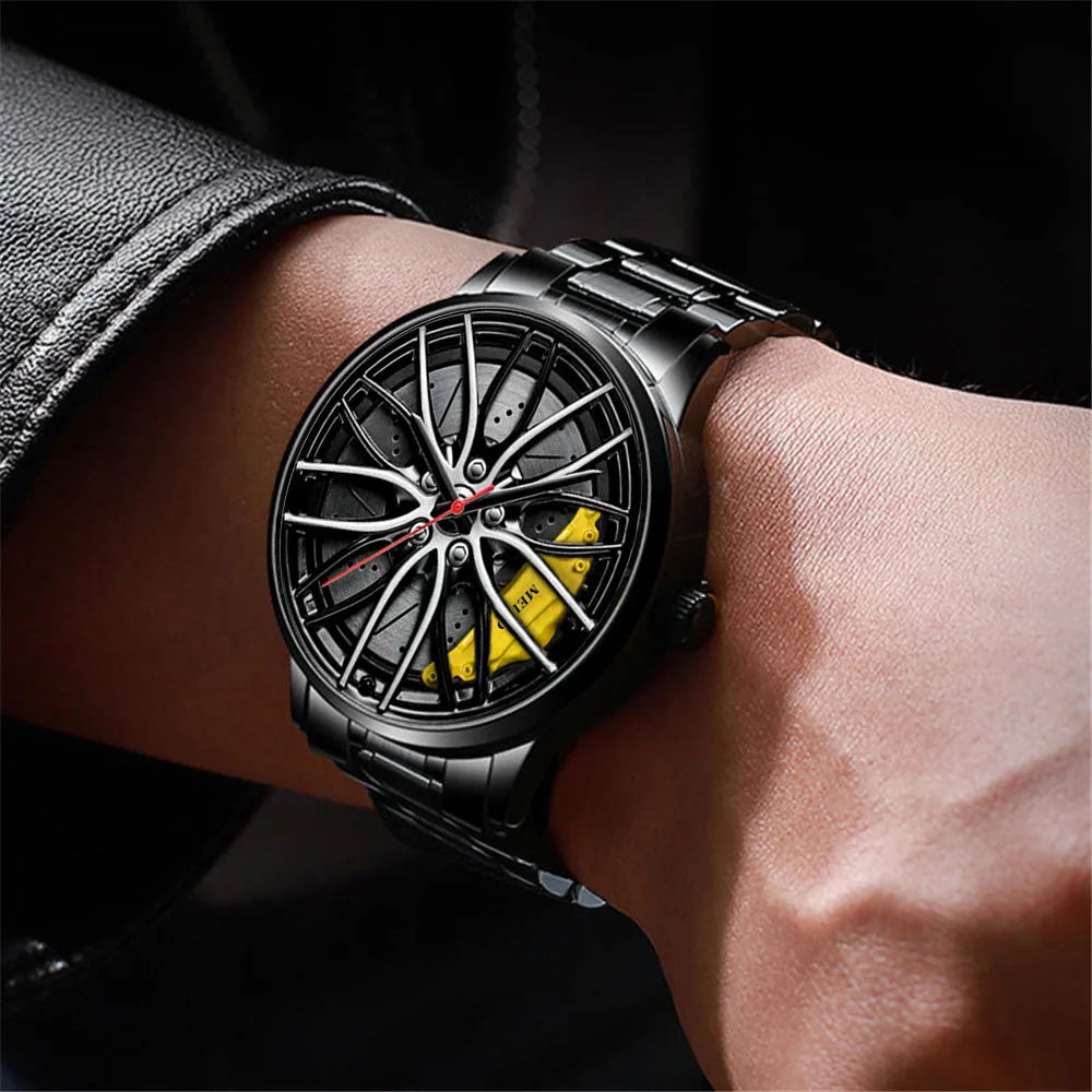New Fashion Men Leather Watches Men Car Wheel Hub Stainless Steel Quartz Watch For Mens Military Sports Watch Relogio Masculino