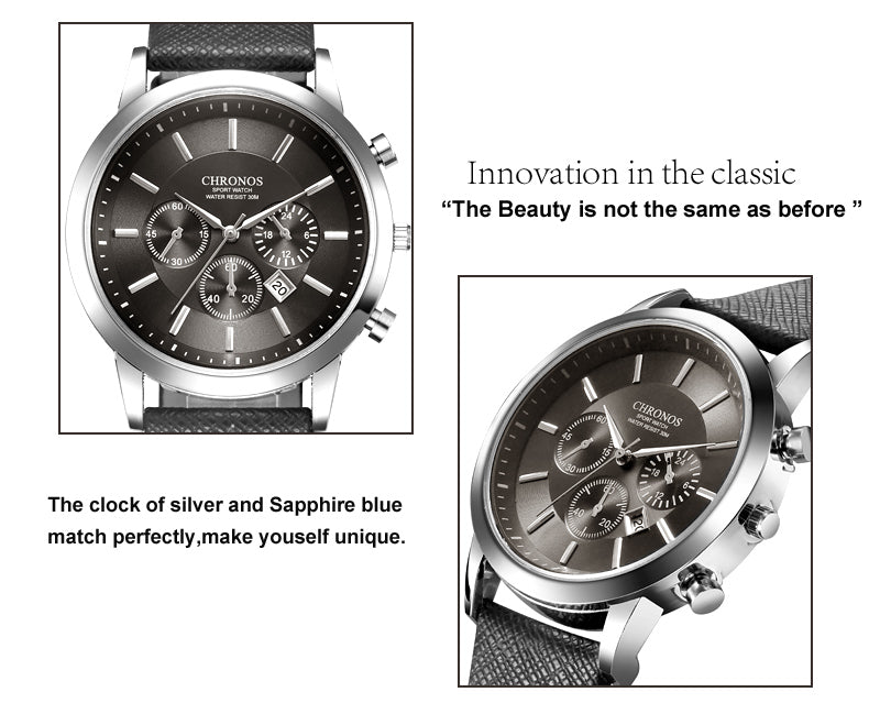 CHRONOS Mens Watches Male Sport Business Quartz Wristwatch  Dress Leather Clock Causal Military Timepiece Relogio Masculino