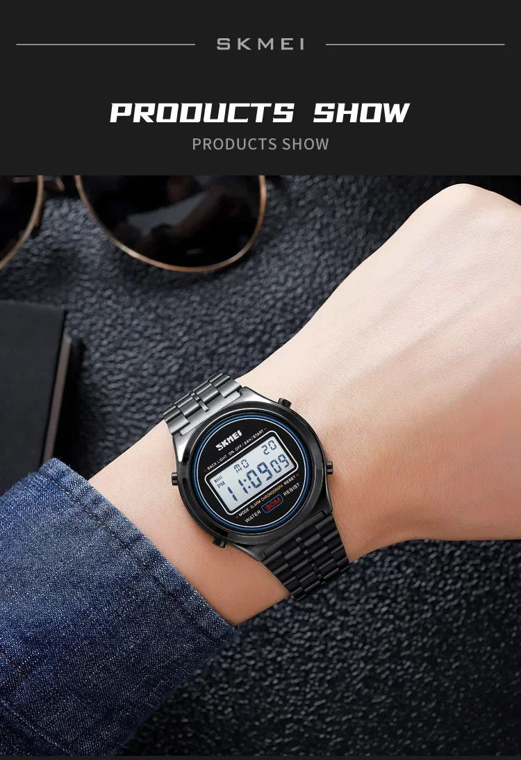 SKMEI 2146  Stainless Steel Men Waterproof Date Alarm Wriswatch reloj hombre Back Light Display Stopwatch Digital Sport Watches