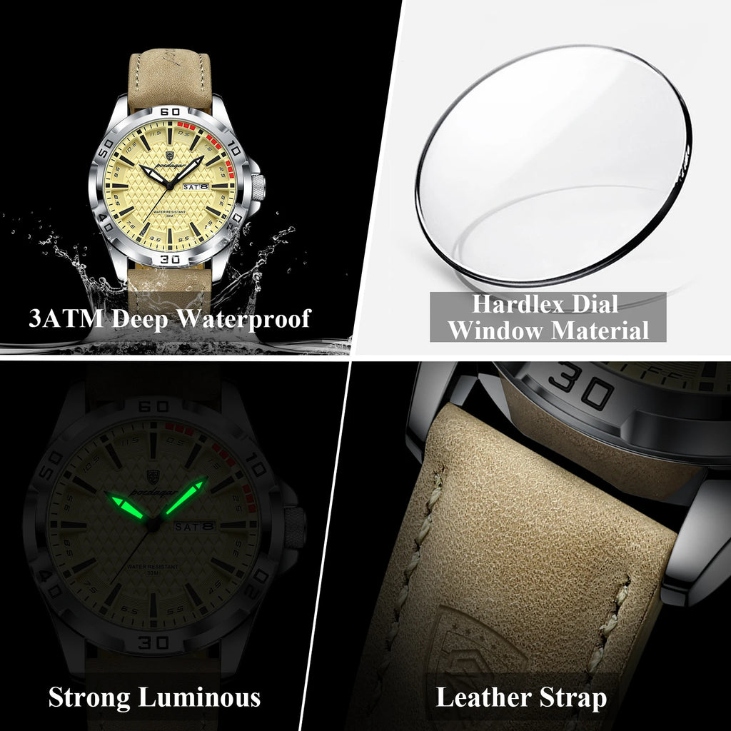 POEDAGAR Top Casual Sports Men Watch Waterproof Luminous Date Week Fashion Watch For Man Leather Classic Men's Quartz Wristwatch