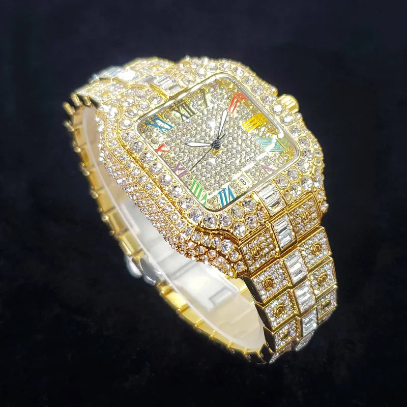 2025 New Luxury Diamond Watch Men Fashion Iced Out Square Colorful Number Watches Hip Hop Bling Jewelry Reloj Hombre for Party