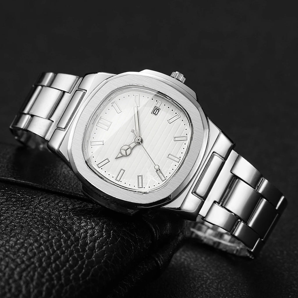 Men Fashion Wristwatches Business Square Dial Stainless Steel Strap Quartz Watch with Calendar For Mens Clock（Without Box）