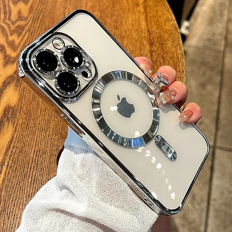 Luxury Wireless Charge Phone Case For iPhone 15 14 13 12 11 16 17 Pro Max Plus Air Transparent Magnetic Bumper Cover