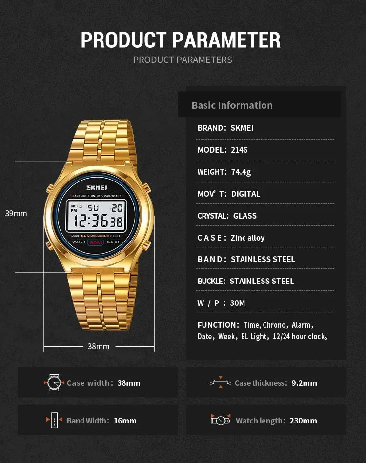 SKMEI 2146  Stainless Steel Men Waterproof Date Alarm Wriswatch reloj hombre Back Light Display Stopwatch Digital Sport Watches