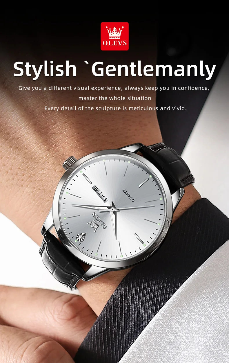 OLEVS 2935 Men's Watch Dual Calendar Waterproof Luminous Quartz Watch For Men 43mm Big Dial Leather Fashion Business Wristwatch
