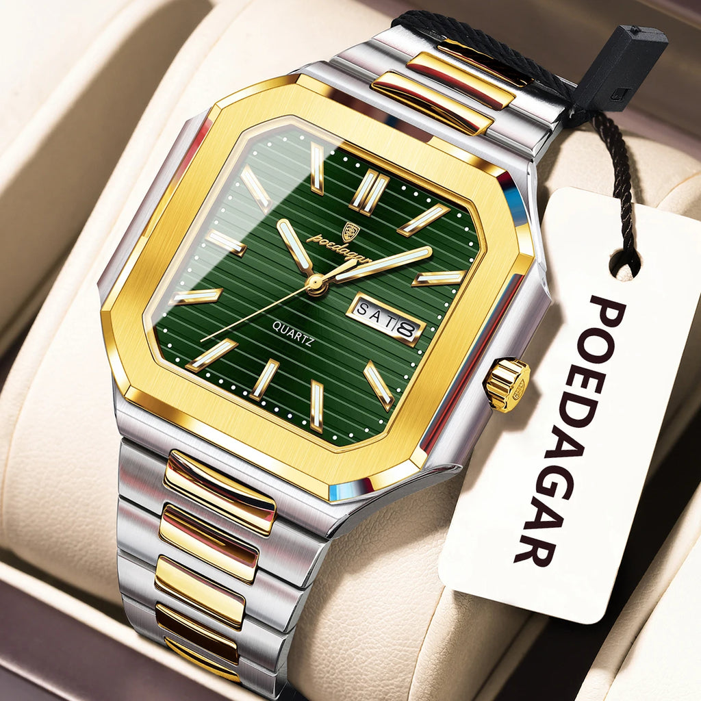 POEDAGAR Top Luxury Brand Male Watch Waterproof Luminous Date Week Quartz Men's Watches Stainless Steel Fashion Square Men Watch
