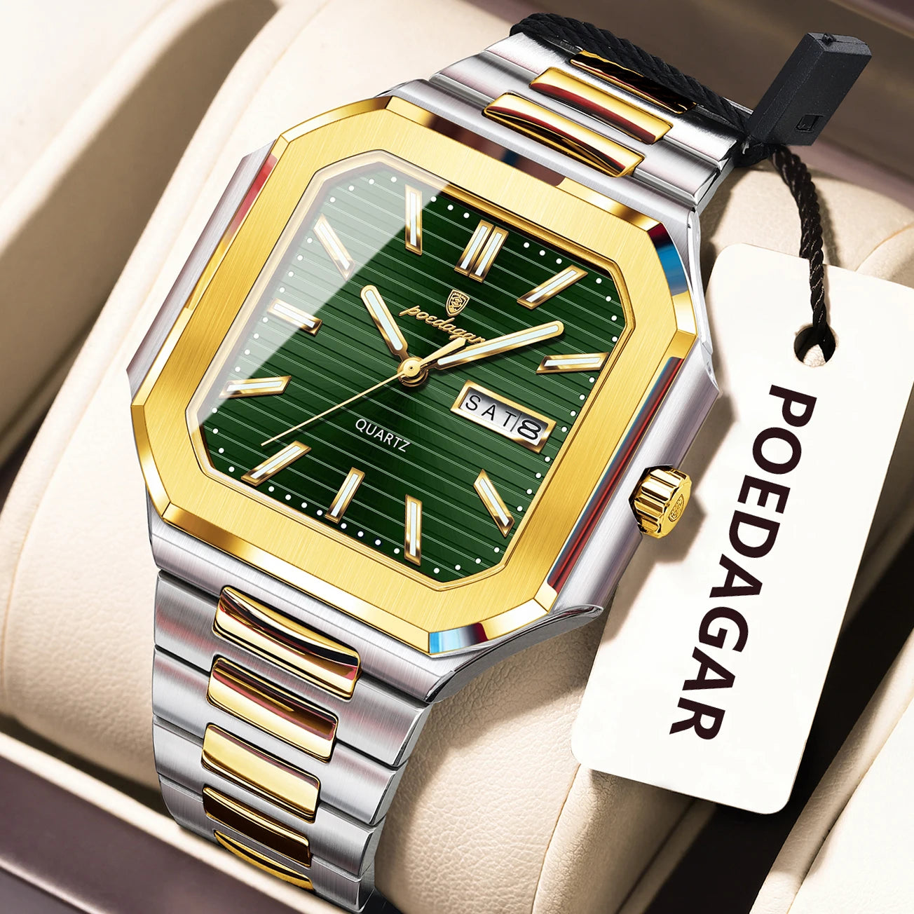 POEDAGAR Top Luxury Brand Male Watch Waterproof Luminous Date Week Quartz Men's Watches Stainless Steel Fashion Square Men Watch