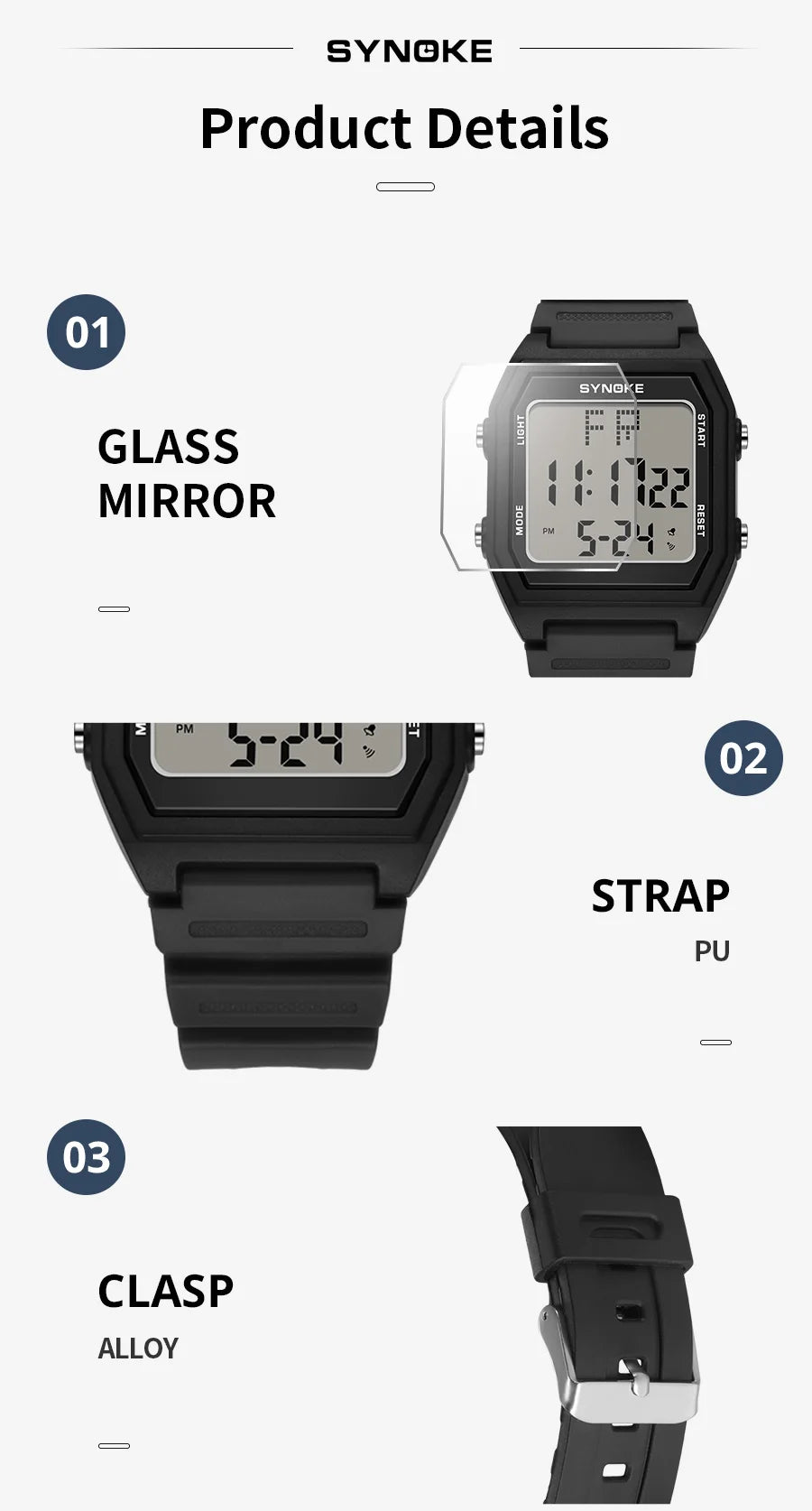 SYNOKE Digital Watches Men Military Sports Luminous Chronograph Waterproof Male Electronic Wrist Watches Square Watch
