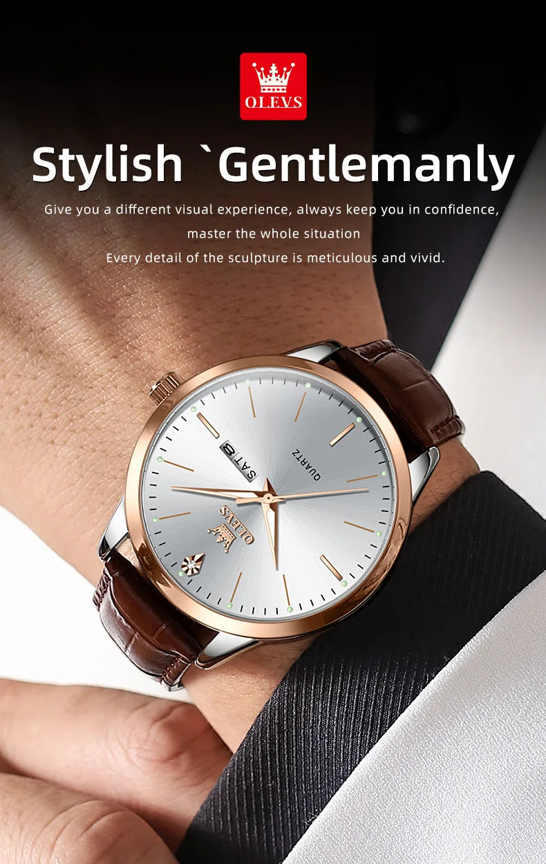 OLEVS Men's Watch Brand Business Waterproof Luminous Week Date Quartz Watch Fashion Leather Strap Classic Luxury Men's Watch