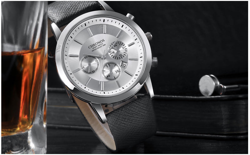 CHRONOS Mens Watches Male Sport Business Quartz Wristwatch  Dress Leather Clock Causal Military Timepiece Relogio Masculino