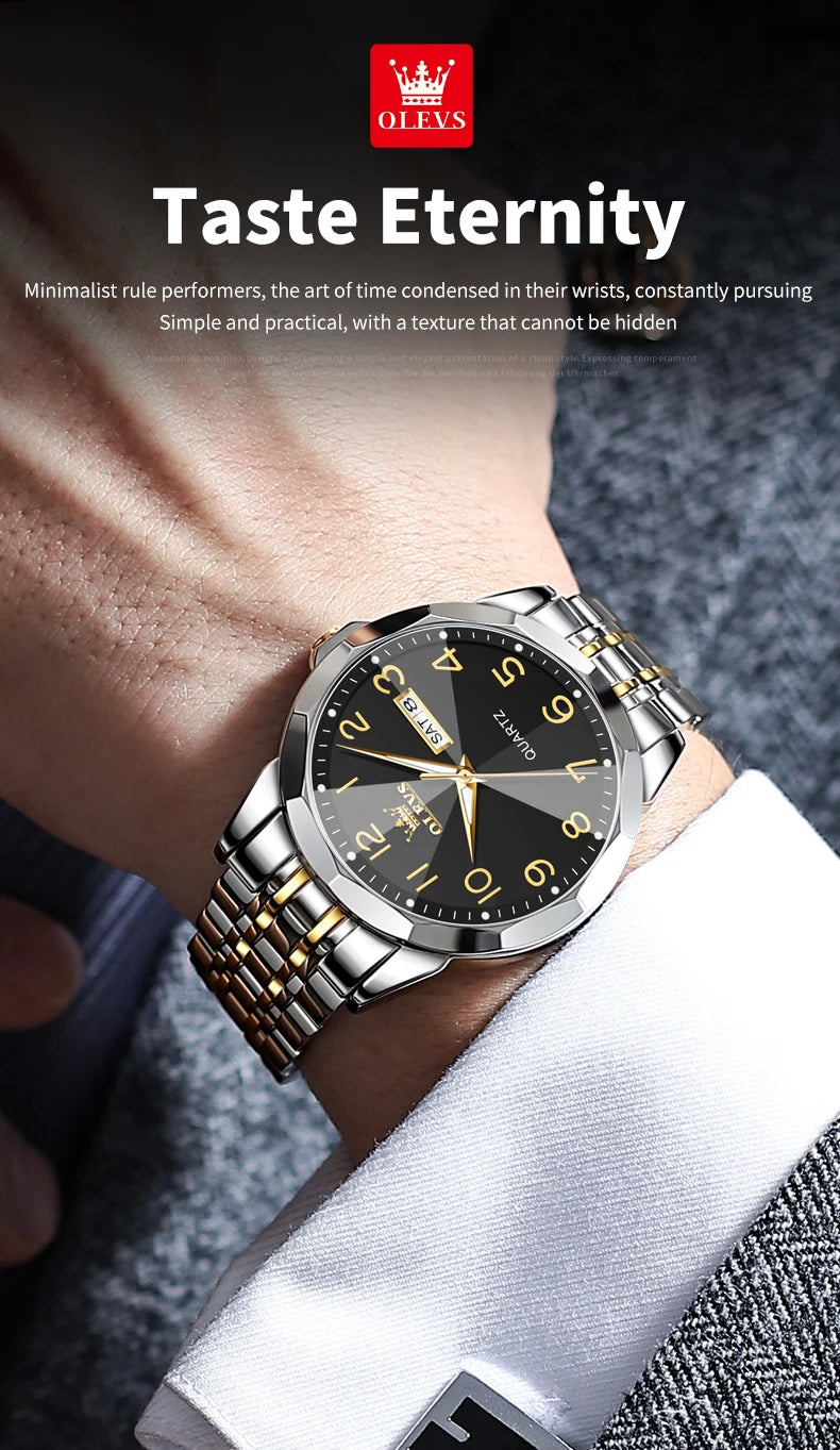 OLEVS Men's Watches Rhombus Mirror Original Quartz Watch for Man Waterproof Luminous Stainless Steel Wristwatch Male Date Week