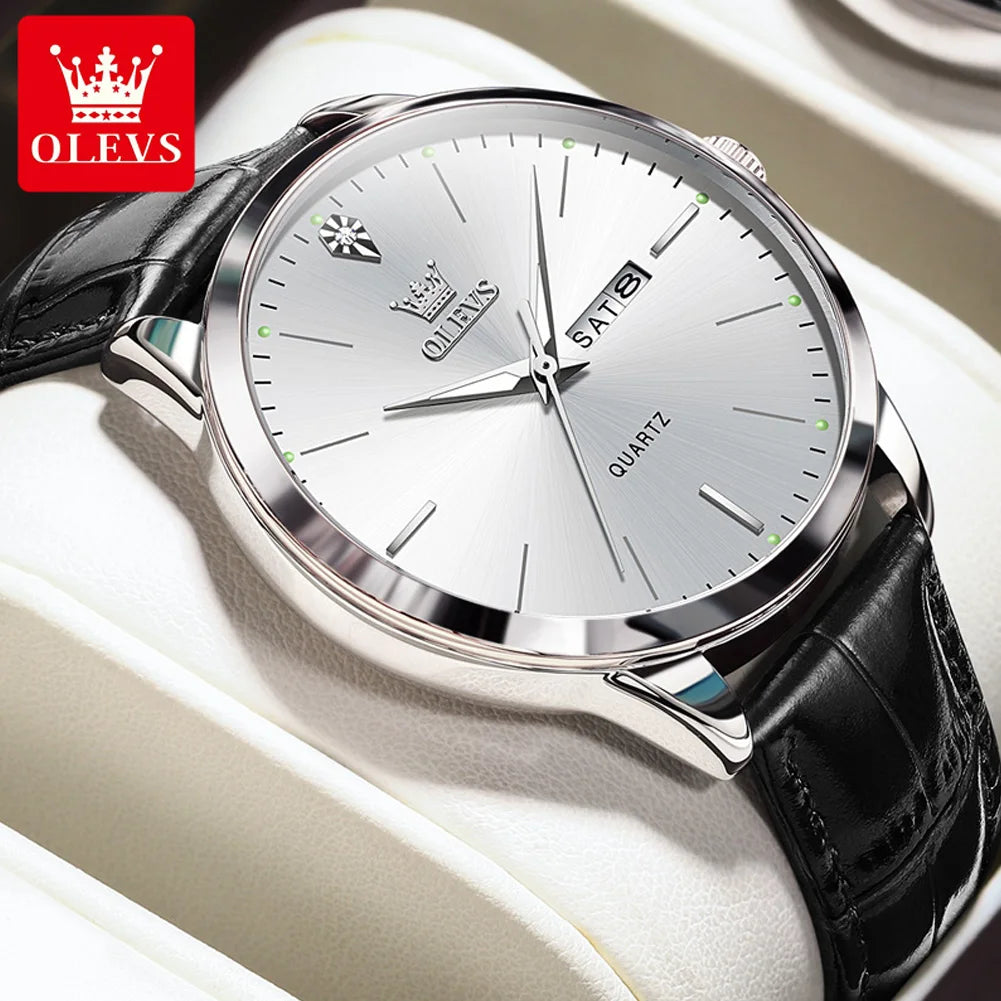 OLEVS Men's Watch Brand Business Waterproof Luminous Week Date Quartz Watch Fashion Leather Strap Classic Luxury Men's Watch