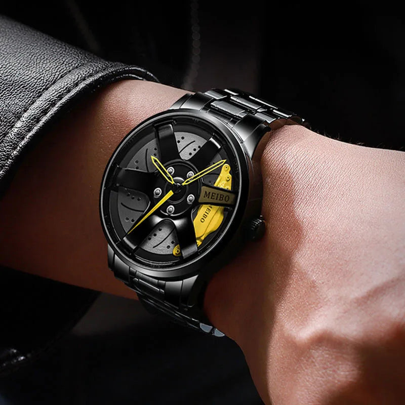 New Fashion Men Leather Watches Men Car Wheel Hub Stainless Steel Quartz Watch For Mens Military Sports Watch Relogio Masculino