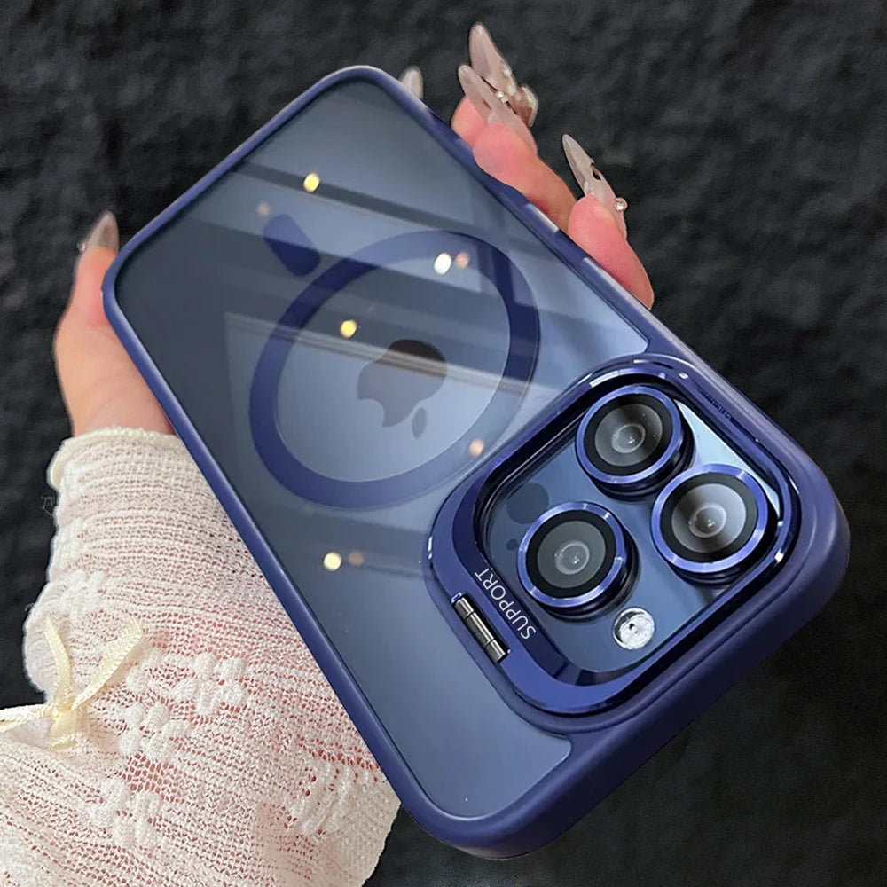 Luxury Magnetic Shockproof Phone Case For iPhone 17 15 16 14 13 12 11 Pro Max For Magsafe Funda Stand Glass Lens Protector Cover